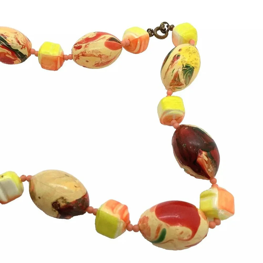 Colorful Orange & Yellow Swirl Painted Bead Necklace